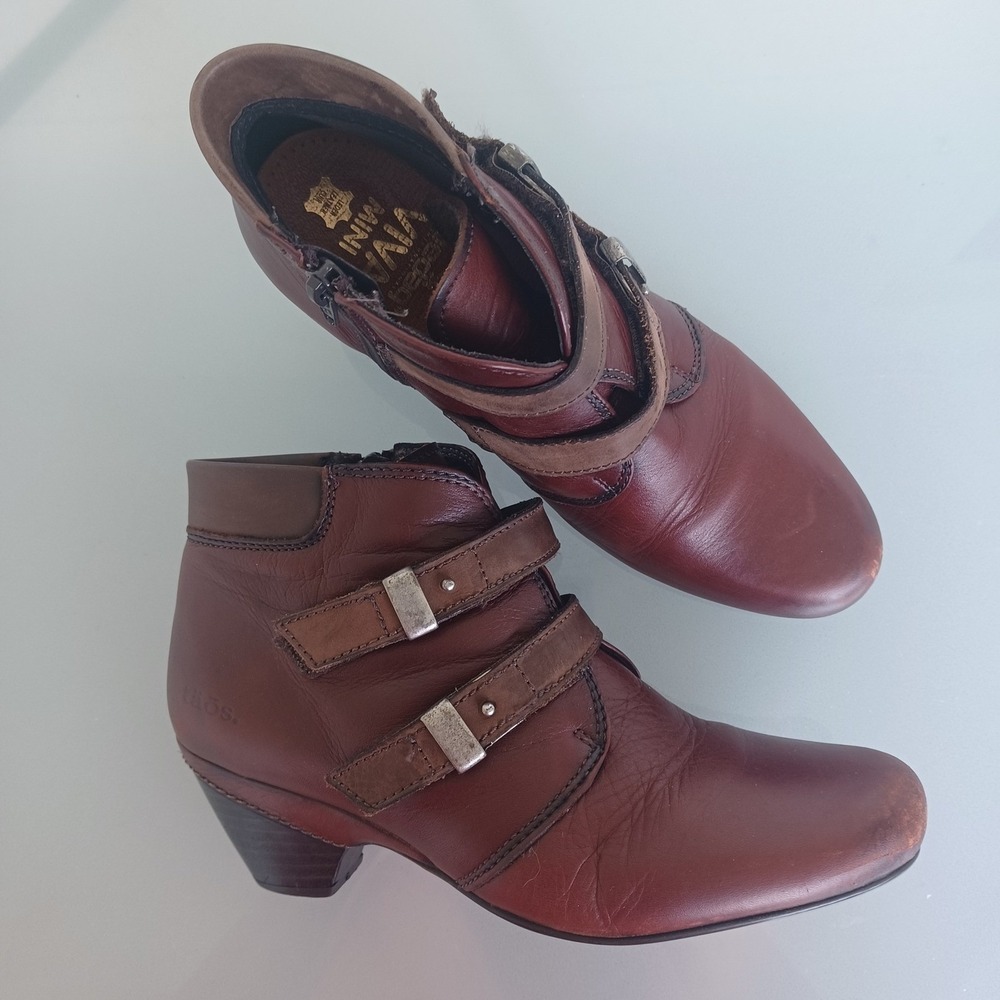 Taos Brown Leather Buckle Ankle Boots Side Zip Stacked Heel EU 39 Womens‎ 8-8.5